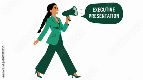 Businesswoman giving executive presentation with megaphone.