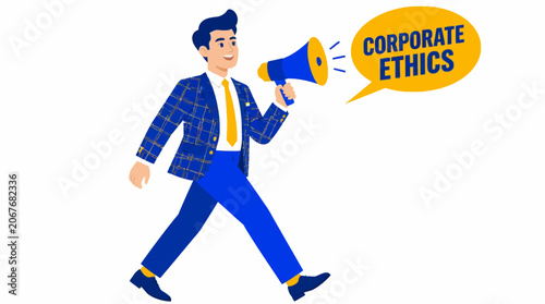 Businessman holding megaphone with corporate ethics message.