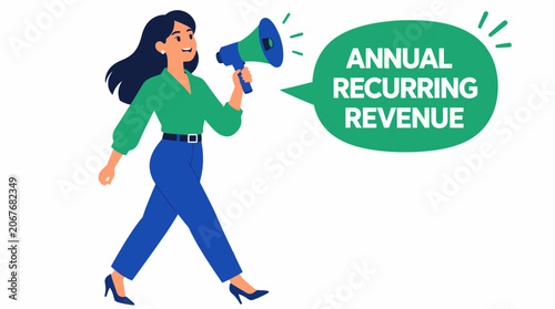 Woman with megaphone announcing annual recurring revenue.