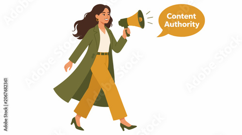 Confident woman holding megaphone for announcement.