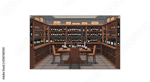 Wine bottles on wooden shelves storage.