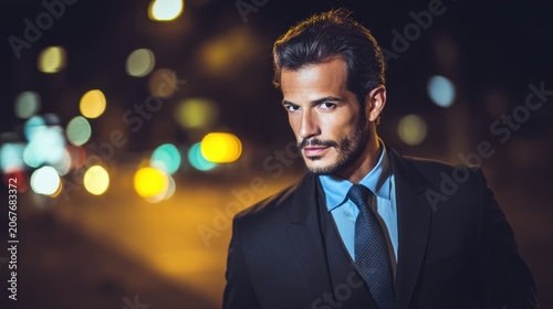 Medium Closeup Handsome Man Dark Hair Beard Black Three Piece Suit Blue Shirt Polka Dot Tie Confident Smile Night City Street Bokeh Light Business Portrait Design Material