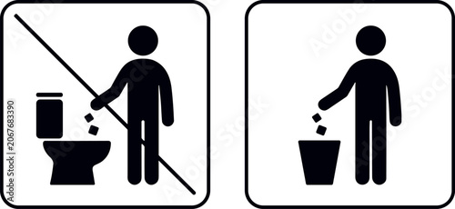 Photos Toilet rules vector sign set showing do not flush trash and use bin icons on transparency background
