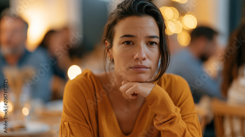 An adult daughter stares blankly at an overcrowded holiday dinner table while relatives talk loudly around her, her posture tense and withdrawn, capturing holiday family pressure,