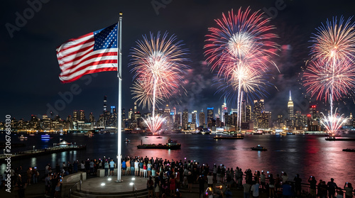 Fourth of july celebration with american flag and fireworks over new york city skyline