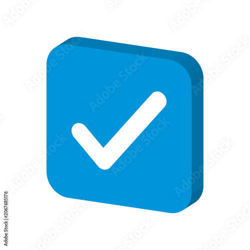 Blue 3D isometric checkmark icon on rounded square button. Positive choice, correct vote, approved symbol. Vector illustration for app UI design, web development and business task management.