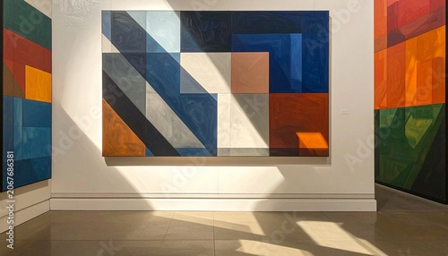 Vibrant geometric art gallery interior.