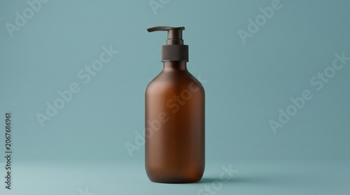 Minimalist studio shot of an empty amber glass dispenser bottle with a black pump head, centered against a solid dusty blue background.