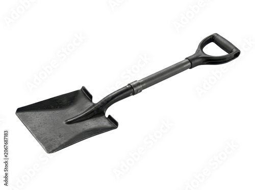 A black shovel with a handle and d-grip lies on a white background.