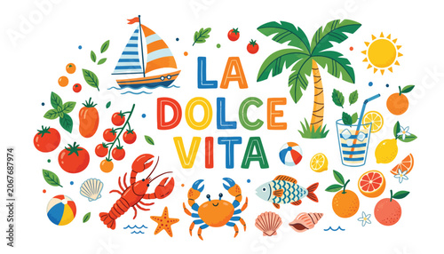 Photography La Dolce Vita summer illustration with sailboat citrus fruits and marine life in