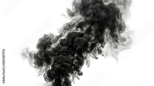 Dark smoke billows against a white background, creating a dramatic contrast.
