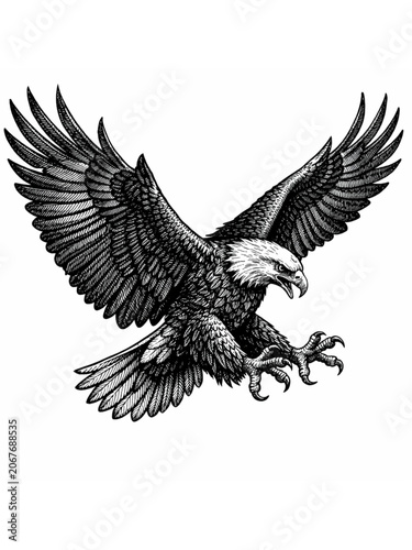 A classic black and white engraving style bald eagle illustration with intricate feather details and wide-spread wings.