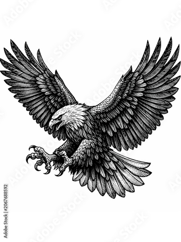 A classic black and white engraving style bald eagle illustration with intricate feather details and wide-spread wings.