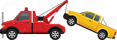 Billede på lærred Red tow truck towing a broken yellow pickup truck after accident vector flat ill