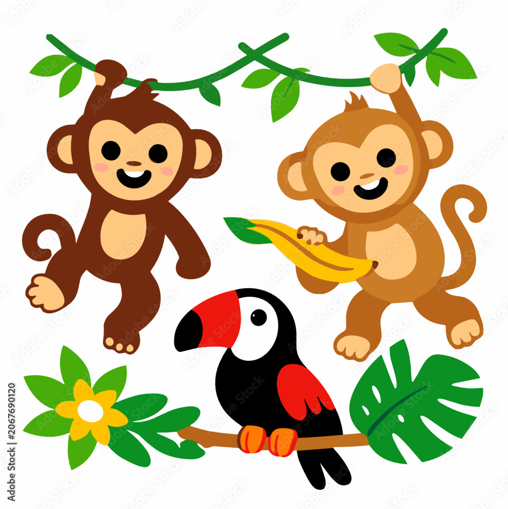 Fototapeta premium Two playful cartoon monkeys swinging with a toucan and banana in lush tropical jungle foliage. Fun wildlife and rainforest animal scene for kids and summer designs.