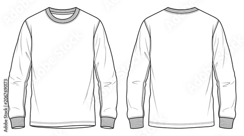 Technical fashion sketch of a long sleeve crew neck sweatshirt, front and back view