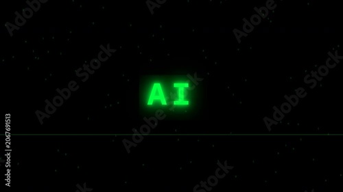 Abstract green digital code rain falling down and Glowing neon green AI text acronym illuminated on a pitch black background, big data matrix processing, cyber security, computer programming