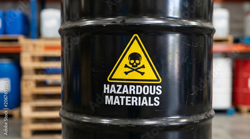 Black metal drum featuring a prominent yellow and black warning sign for dangerous hazardous industrial materials