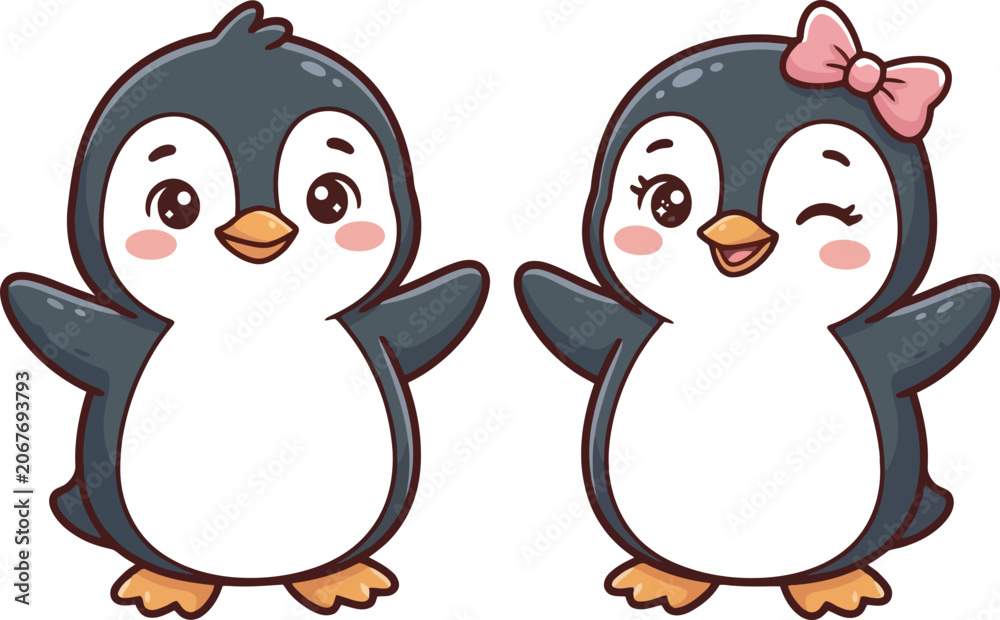 Fototapeta premium Two cute cartoon penguins with pink bow