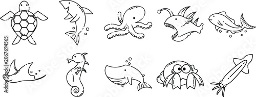 Photography Collection of cute aquatic sea animals rendered in a clean minimalist vector gra