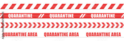 Quarantine zone line tape vector set. Realistic quarantine area stripe on white background. Isolated quarantine red tapes virus site, lockdown concept. Seamless pattern lines. Vector illustration.