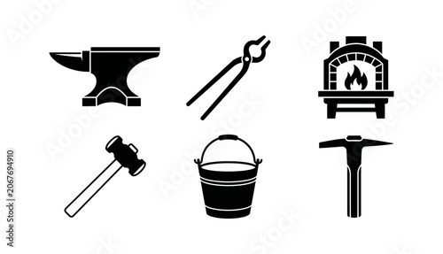 Canvas Print Blacksmith and metal forge tool vector icons set featuring anvil hammer tongs bu