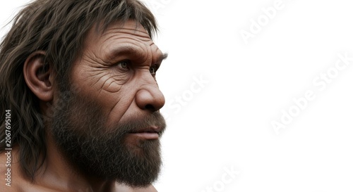 Neanderthal man close up portrait. Prehistoric human evolution concept. Anthropological research and stone age illustration.