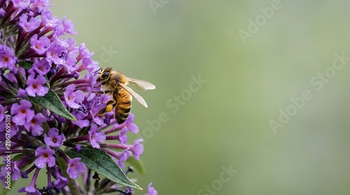 Honey bee pollinating purple butterfly bush flowers in garden