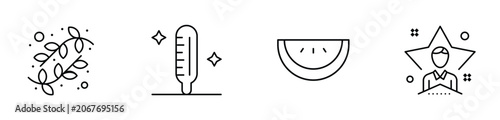Professional collection of four minimalist vector line art icons featuring a decorative floral branch a medical thermometer a fresh watermelon slice and a star shaped avatar for modern graphic design.