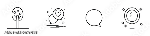 Four modern minimalist vector graphic icons featuring a stylized nature tree a lovely heart speech bubble a blank communication chat thought cloud and a circular mirror design for web interfaces.