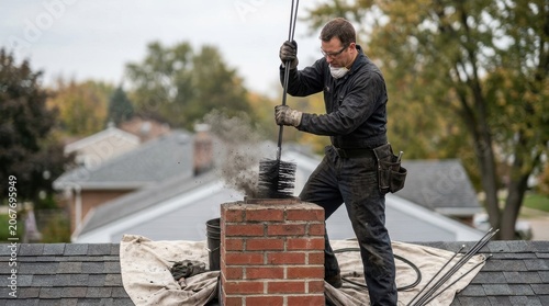 Professional chimney sweep cleaning a chimney with a long brush, removing soot and debris from the flue. Home maintenance and fireplace safety concept emphasizing essential servicing work.