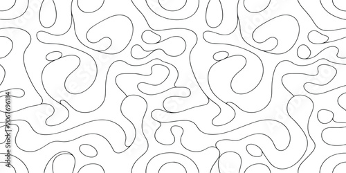 Continuous line art pattern with abstract flowing liquid shapes and organic swirly line drawing