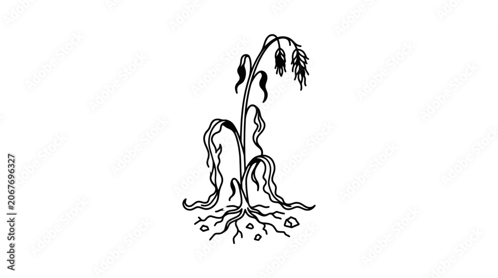 Obraz premium Wilted Oat Plant Drawing, Drought and Agriculture Concept