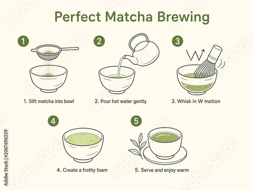 Matcha Brewing Instruction Infographic with Tea Cup Illustration
