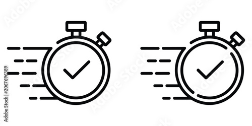 Fast stopwatch timer icons with check mark symbol for completed task or success mission deadline