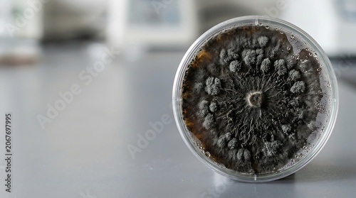 Black mold growth in a petri dish in a laboratory
