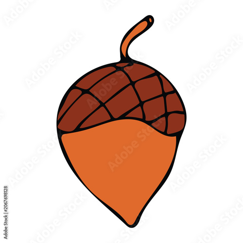 Vector illustration of a single acorn. Classic acorn with textured brown cap, bright orange body and curved stem. Clean minimalist style on white background.