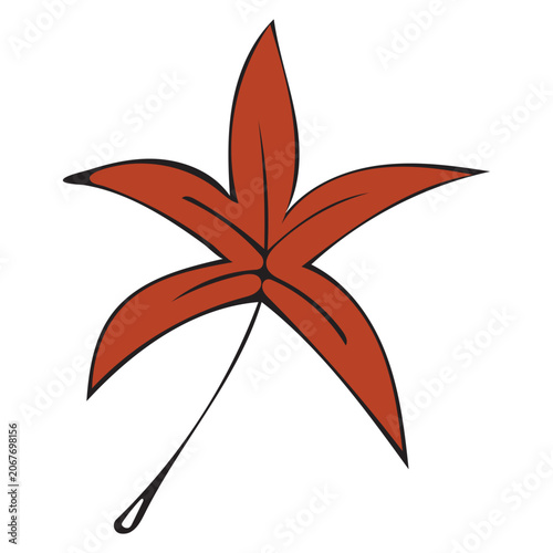 Vector illustration of a star-shaped autumn leaf. Stylized five-lobed leaf in rich reddish-brown terracotta color with bold black outlines. Symmetrical star form with pointed lobes