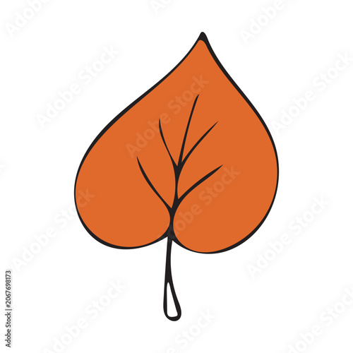 Vector illustration of a single autumn leaf. Stylized orange leaf with black outlines and serrated edges. Isolated on white background.