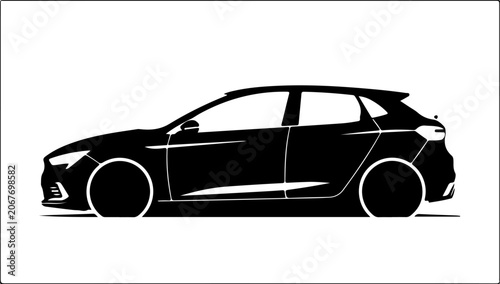 Black car silhouette, modern vehicle outline, side view illustration, automotive design element