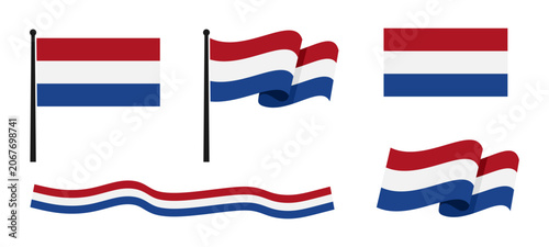 Netherlands flag vector collection in flat style. Dutch national flags set with waving flag, rectangle icon, flagpoles and long ribbon banner isolated on white background for design. Vector illustrati