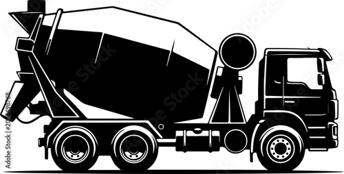 Cement mixer truck, construction vehicle, industrial equipment, black silhouette