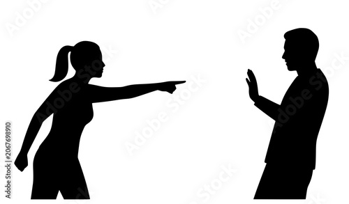 Schilderij op canvas Silhouette of couple in confrontation with woman pointing and man reacting isola