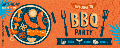 BBQ party, invitation for summer outdoor picnic. Beer, food and music. Top view on grilled bacon, meat, sausages, tomatoes, mushrooms. Grill barbecue design for flyers, web, cover, poster, ads. Vector