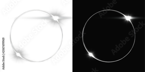 Schilderij op canvas Abstract silver neon ring on white and black background, realistic glowing circl