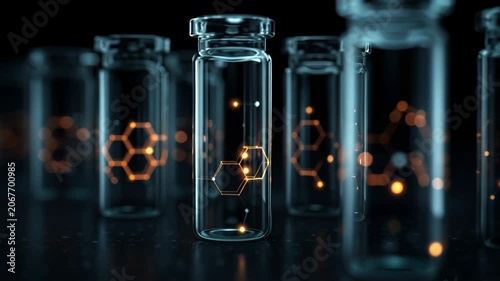 Vials contain clear peptide molecules that represent cutting-edge biotechnology for skincare. The setting showcases a scientific environment focused on anti aging solutions.