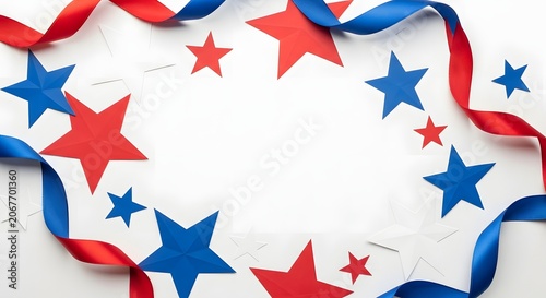 Red blue and white stars and ribbons on white background
