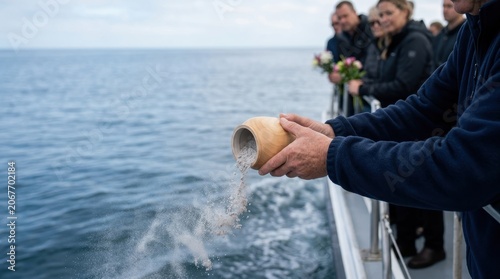 A small urn is used during a memorial at sea as ashes are gently released into the calm ocean. The scene reflects a ritual of scattering ashes into water as a final farewell to a loved one.