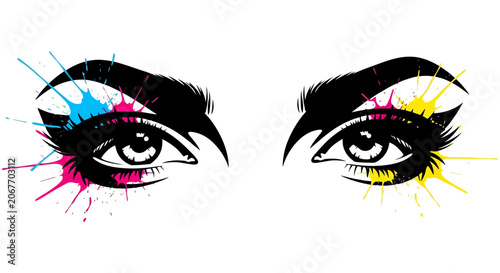 Foto Artistic Female Eyes Illustration with Colorful Paint Splatter and Bold Black Eyeliner