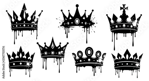 Schilderij op canvas Set of black graffiti crown silhouettes with dripping paint splatters and grunge texture